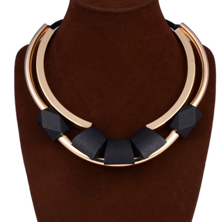 Picture of Golden Necklace With Black Stones For Women