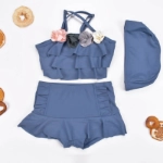 Picture of Blue Swimsuit with Flowers and Raffles 3 Piece with a Swimming Cap