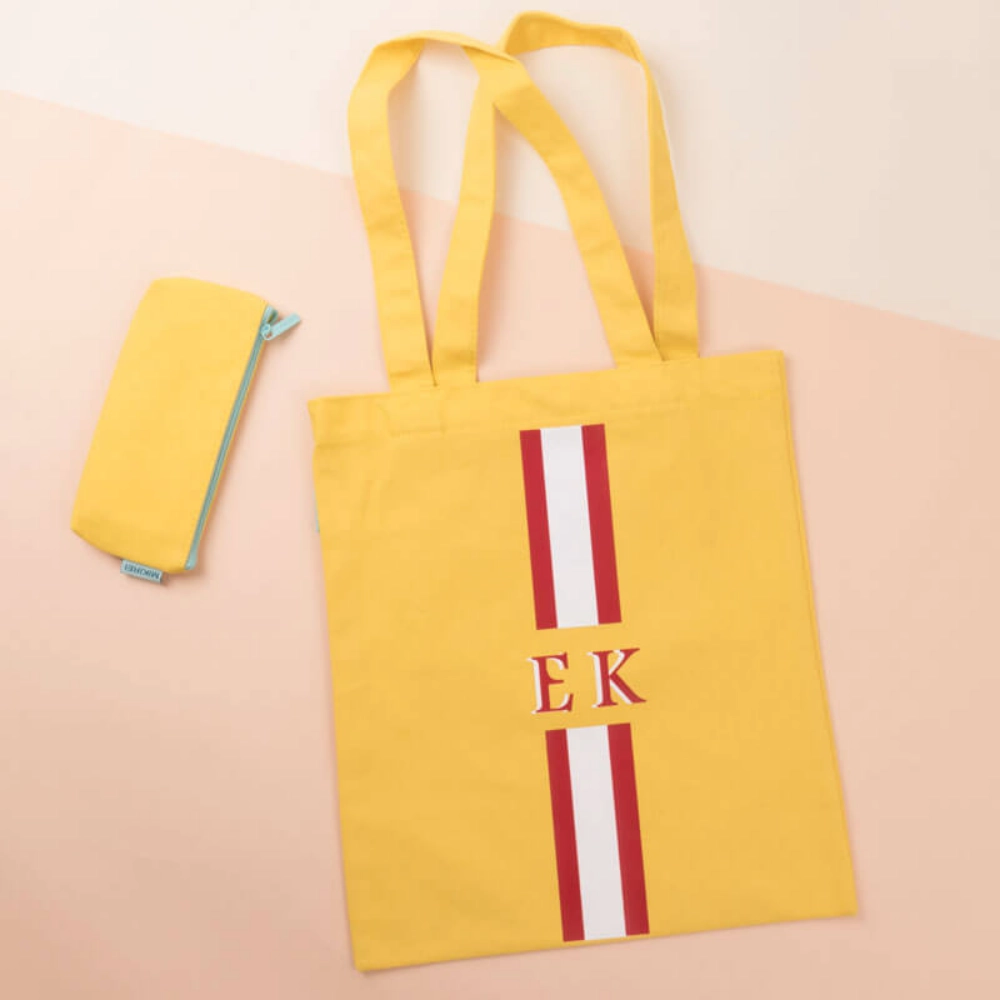 صورة أصفر طقم حقيبة كتف قطنية و الحقيبة القرطاسية (مع طباعة الحروف)