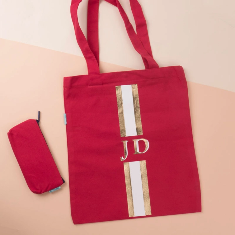 صورة أحمر طقم حقيبة كتف قطنية و الحقيبة القرطاسية (مع طباعة الحروف)