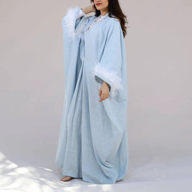 Picture of Teal Blue Daraa With Feather Sleeves For Women