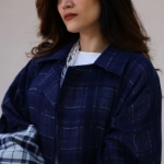 Picture of Navy Checkered Double Sided Summer Jacket For Women