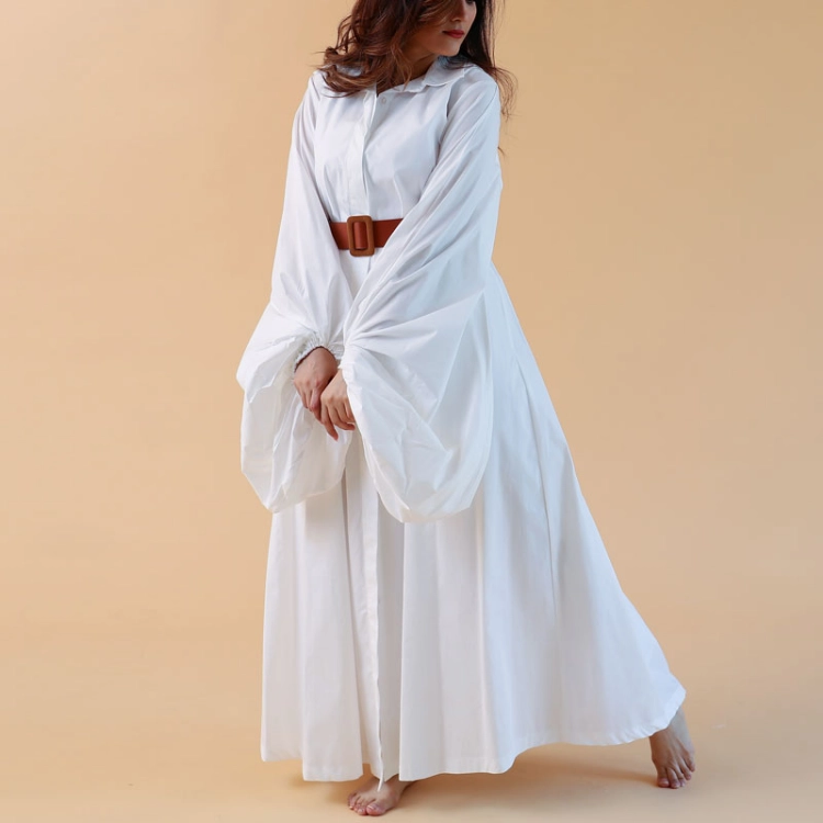 Picture of Daisy White Cotton Daraa With Puffy Sleeves And Belt For Women
