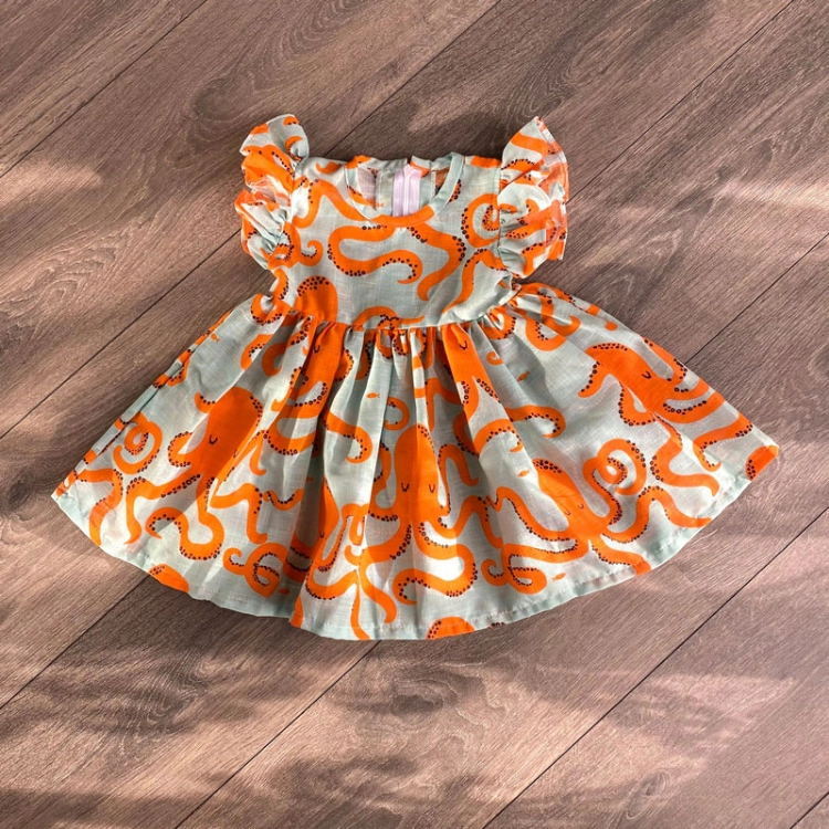 Picture of Orange Octopus Print Dress For Girls