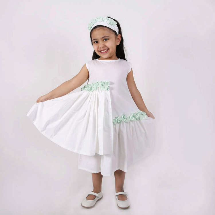Picture of White And Green Sleeveless Summer Dress For Girls