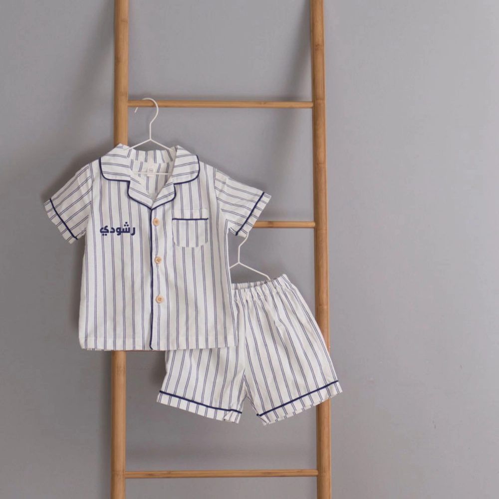 Picture of White And Navy Pajama Set For Kids (With Name Embroidery Option)