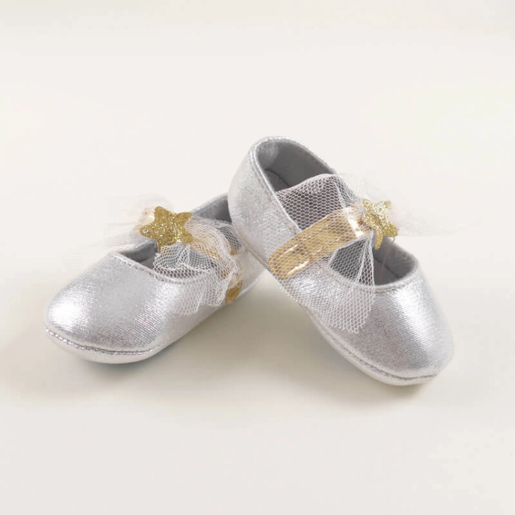Picture of Silver Glossy Shoe With Ribbon For Baby Girl
