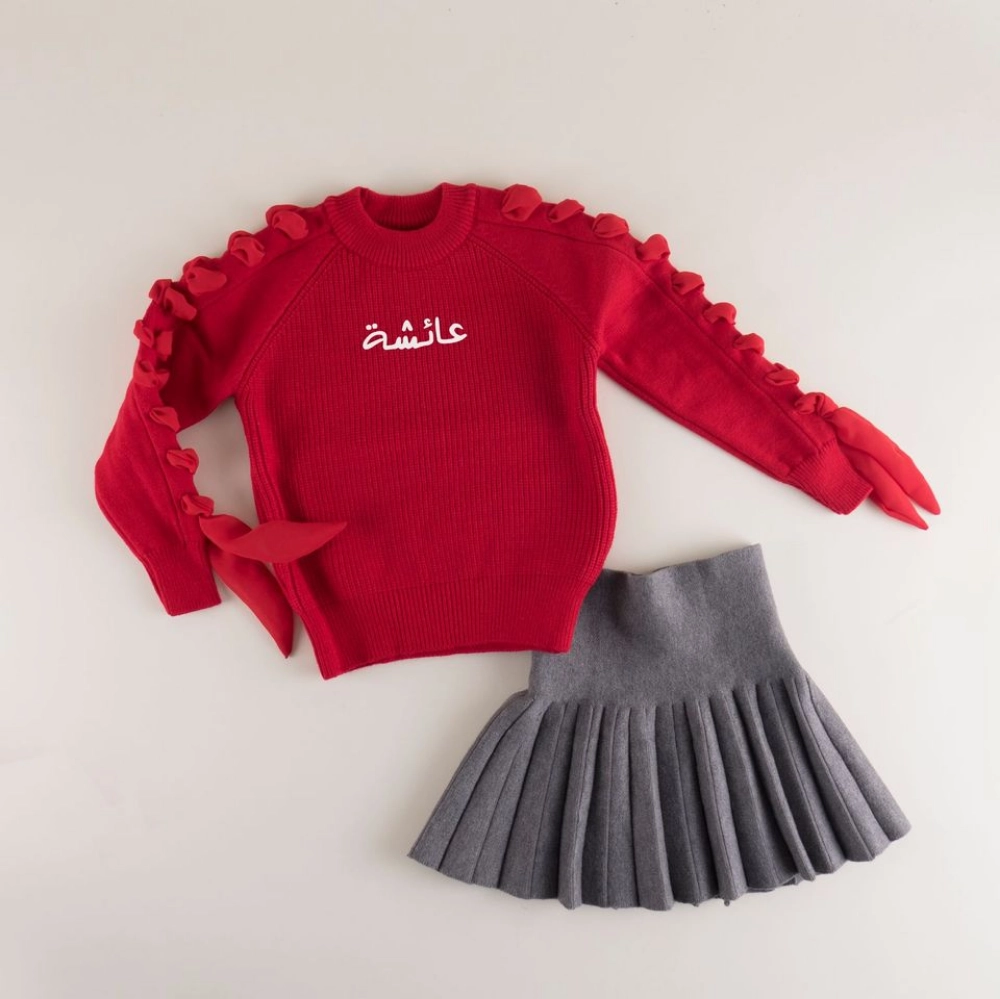 Picture of Set Of Red Sweater And Grey Short Skirt For Girls (With Name Embroidery Option)