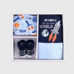 صورة 4 قطع علبة هدايا موديل رقم 18 - بدلة للمواليد بطباعة فضاء المدار الأزرق