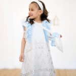 Picture of White And Blue Sequin Gergean Dress With Headband And Shoulder Bag For Girls