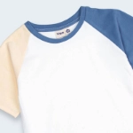 Picture of Tiya White T-shirts With Blue And Yellow Sleeves (With Embroidery Option)