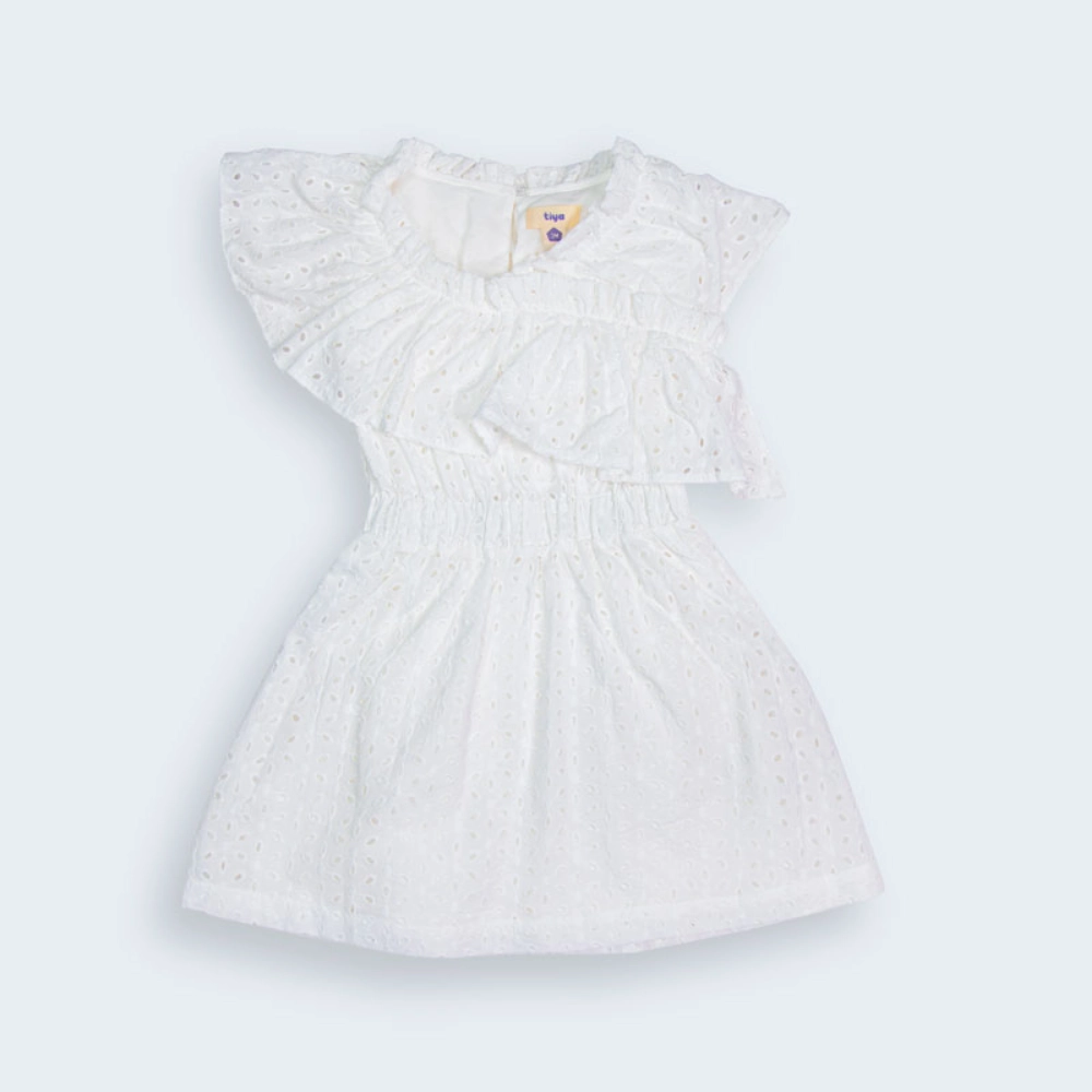 Picture of Tiya White Patterned Dress And Ruffled Front For Girls