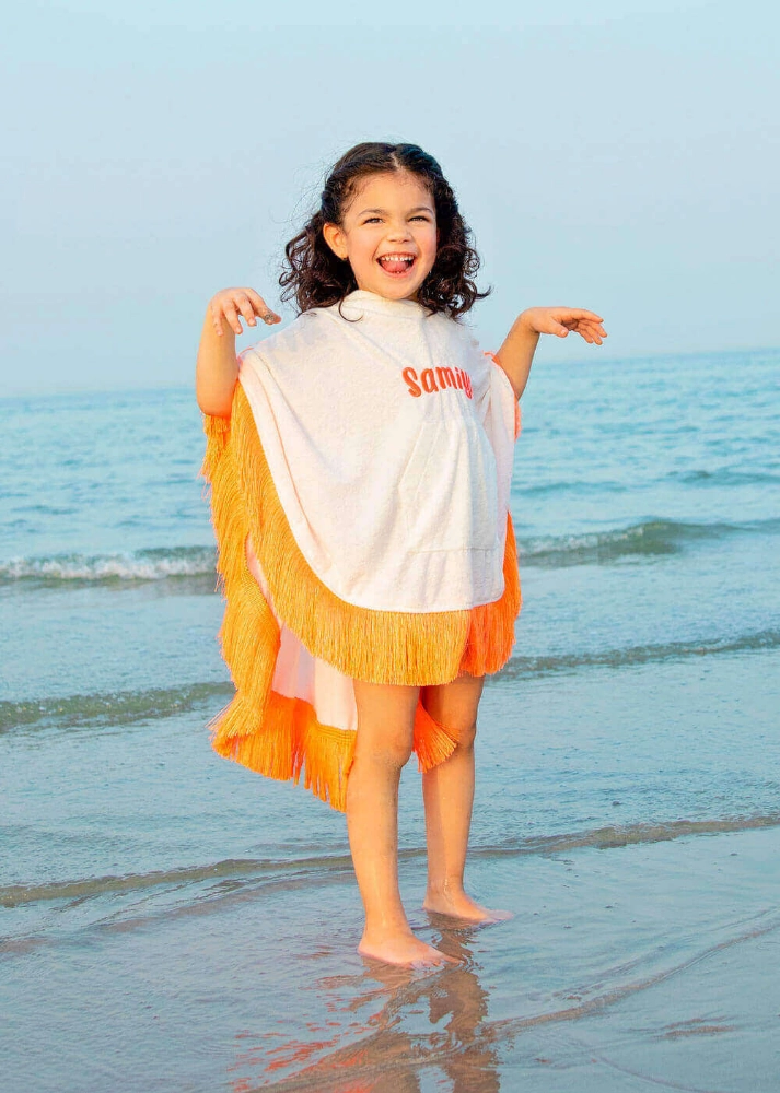 Picture of White And Orange Fringe Towel Cape For Girls (With Name Embroidery Option)