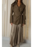 Picture of 7517 Satin Olive Belted Big Size Blazer With Olive Skirt Set For Women